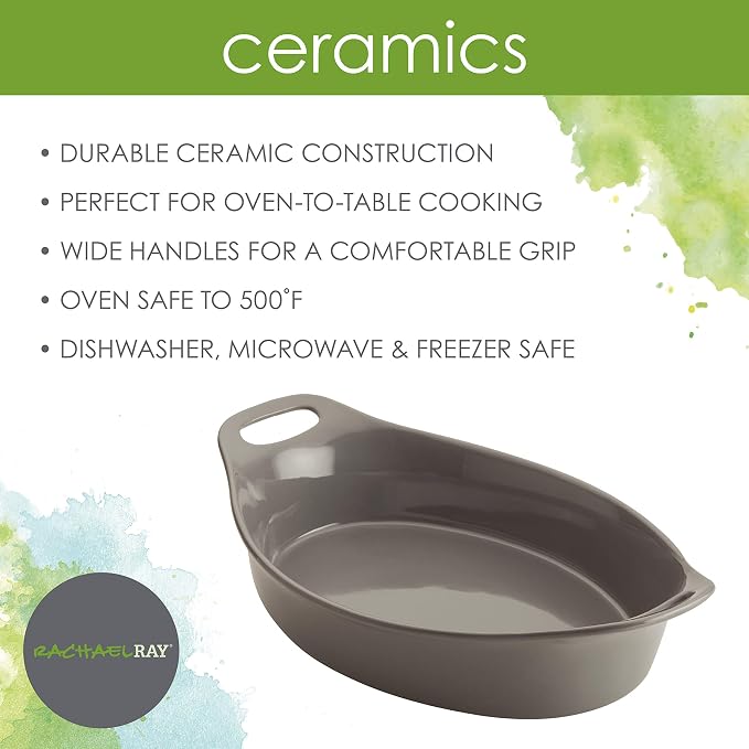 Rachael Ray Ceramics Oval Baker, 1.5-Quart, Gray