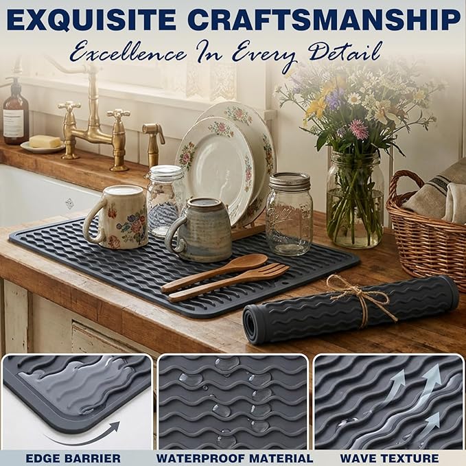 2 Pack Caketime Silicone Dish Drying Mat for Kitchen Counter Cooking Baking Liners Drawer Storage Refrigerator Espresso Machine Station Utensil Holder Washer Trivets Oven Tools 15"x11.5" Pink