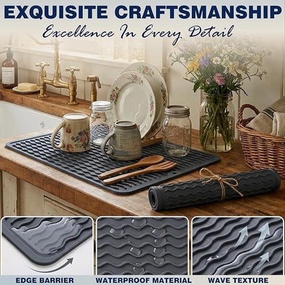 CAKETIME 2 Pack Silicone Dish Drying Mat for Kitchen Counter Heat Resistant Quick Dry Pads Hot Dishes Waterproof with Under Sink Rack Soap Holder Coffee Accessories 15"x11.5" Light Gray