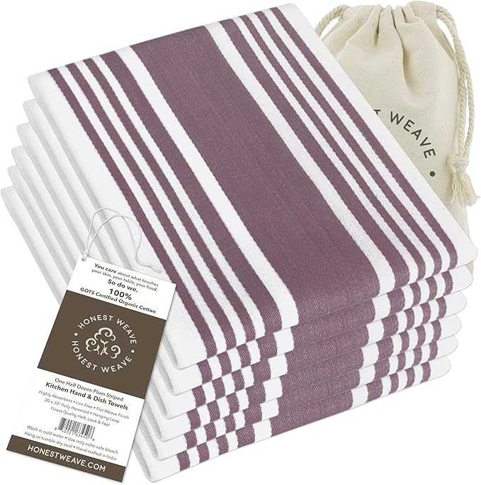 HONEST WEAVE GOTS Certified Organic Cotton Kitchen Hand and Dish Towel Sets - Oversized 20x30 inches, Fully Hemmed, in Designer Colors, 6-Pack, Plum Stripe