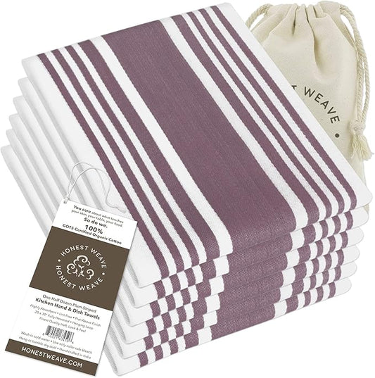 HONEST WEAVE GOTS Certified Organic Cotton Kitchen Hand and Dish Towel Sets - Oversized 20x30 inches, Fully Hemmed, in Designer Colors, 6-Pack, Plum Stripe