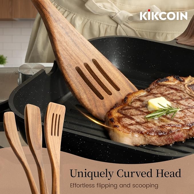 Kikcoin 7 PCS Durable Natural Teak Wooden Cooking Utensils Set, Non Toxic Wooden Spoons for Cooking, Wooden Utensil Set for Cooking with Comfort Grip, Nonstick & Easy to Clean Wood Kitchen Utensil Set