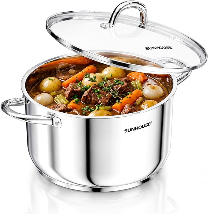 Sunhouse Stock Pot with Lid - 13 QT Large Pot for Cooking Pasta, Soup, Spaghetti - Impact Bonding Base Big Stainless Steel Pots for Canning, Boiling - Oven Safe & Induction Compatible Cookware