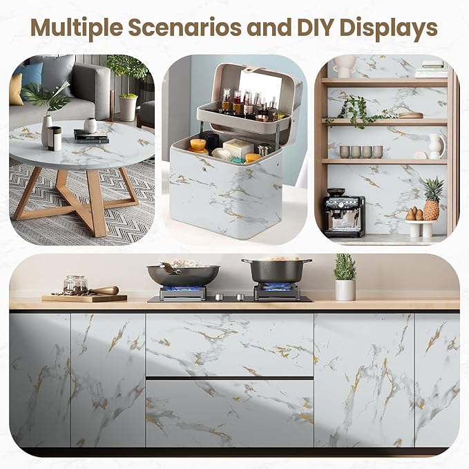 practicalWs Glossy Marble Wallpaper Peel and Stick White/Gold Granite Contact Paper Removable Wall Paper for Kitchen Countertop Cabinet Furniture 23.6" x 118"