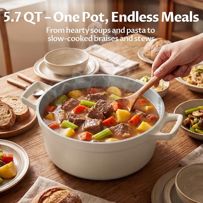 BEZIA 5.7 Quart Nonstick Ceramic Dutch Oven Style Stock Pot with Lid, Lightweight Die-Cast Aluminum Cooking Pot for Family Stew & Braising, Induction Ready Soup Pot, Oven Safe, Serves 3-5 People