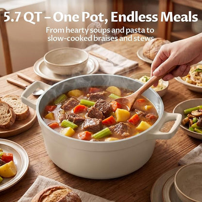 BEZIA 5.7 Quart Nonstick Ceramic Dutch Oven Style Stock Pot with Lid, Lightweight Die-Cast Aluminum Cooking Pot for Family Stew & Braising, Induction Ready Soup Pot, Oven Safe, Serves 3-5 People