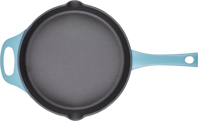 Rachael Ray NITRO Cast Iron Fryin Pan/Skillet with Helper Handle and Pour Spouts, 12 Inch - Agave Blue