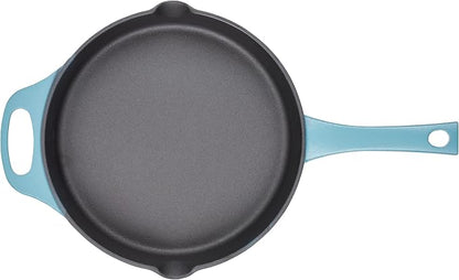 Rachael Ray NITRO Cast Iron Fryin Pan/Skillet with Helper Handle and Pour Spouts, 12 Inch - Agave Blue