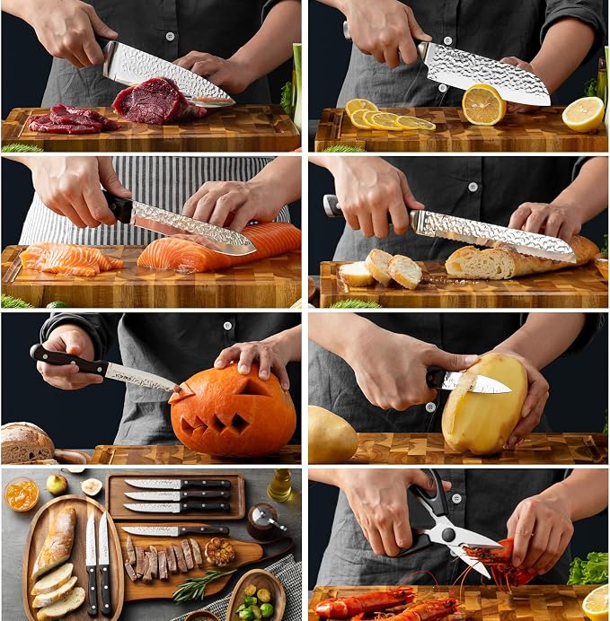 Kitchen Knife Set with Block, 15-Piece Professional Stainless Steel Sharp Knives Set for Kitchen with Built-in Sharpener, Ergonomic Wooden Handle, Full Tang Forged Triple Rivet, Boxed Knife Set