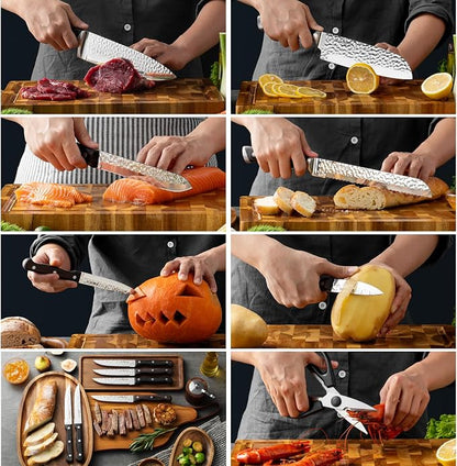 Kitchen Knife Set with Block, 15-Piece Professional Stainless Steel Sharp Knives Set for Kitchen with Built-in Sharpener, Ergonomic Wooden Handle, Full Tang Forged Triple Rivet, Boxed Knife Set