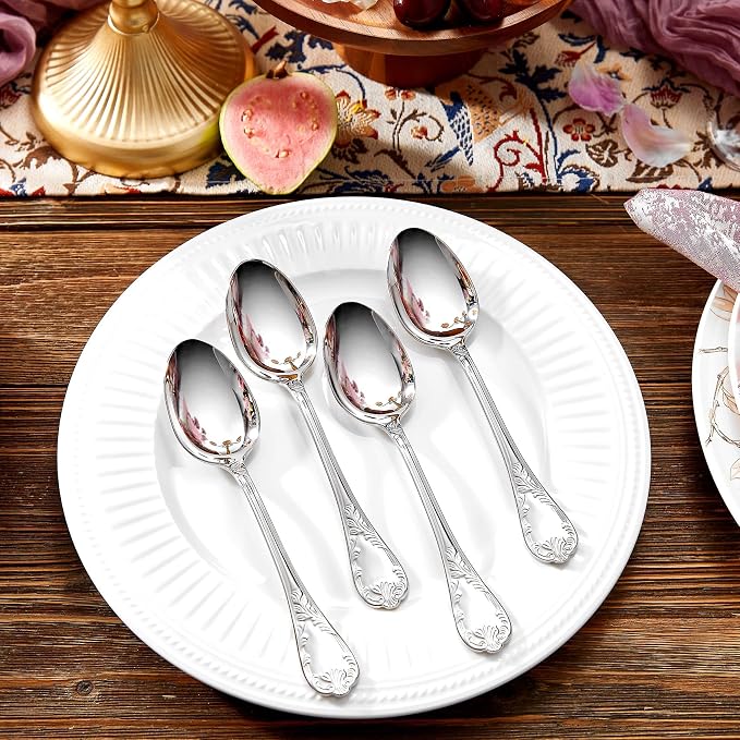 KEAWELL Premium Regalia 4-Piece Spoon Set 7.3-Inch – Ornate 18/10 Stainless Steel Silverware with European Luxury Handles, Dishwasher Safe for Elegant Dining (Silver, Dinner Spoons)