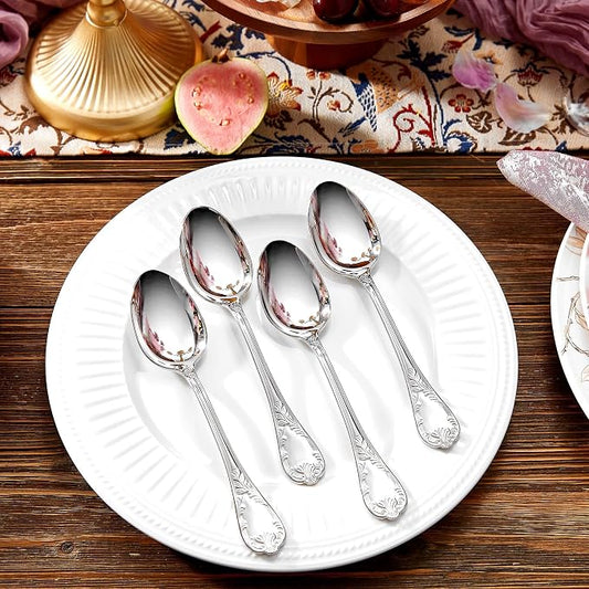 KEAWELL Premium Regalia 4-Piece Spoon Set 7.3-Inch – Ornate 18/10 Stainless Steel Silverware with European Luxury Handles, Dishwasher Safe for Elegant Dining (Silver, Dinner Spoons)