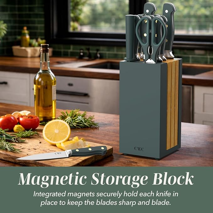 COOK WITH COLOR 14 Pieces Kitchen Knife Block Set, Knives for Kitchen, Forged Cutlery with Razor-Sharp High Carbon Steel Blades, Magnetic Block
