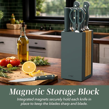 COOK WITH COLOR 14 Pieces Kitchen Knife Block Set, Knives for Kitchen, Forged Cutlery with Razor-Sharp High Carbon Steel Blades, Magnetic Block