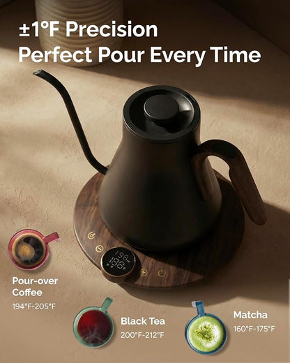 INTASTING Gooseneck Electric Kettle, ±1℉ Temperature Control, Stainless Steel Inner, Quick Heating, for Pour Over Coffee, Brew Tea, Boil Hot Water, 1500W/0.9L (Glossy Black)