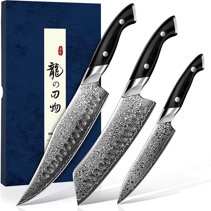 DRAGON RIOT Japanese Chef Knife Set 3Pcs, VG10 Steel Japanese Razor-Sharp Kitchen Knives Set with Gift Box