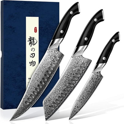 DRAGON RIOT Japanese Chef Knife Set 3Pcs, VG10 Steel Japanese Razor-Sharp Kitchen Knives Set with Gift Box