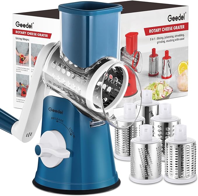 Geedel Rotary Cheese Grater Cheese Shredder - Upgraded 5-in-1 Cheese Grater with Handle and Strong Suction Base, Multi-purpose Vegetable Slicer Ice Shaver Nuts Grinder for Cheese, Vegetables, Ice