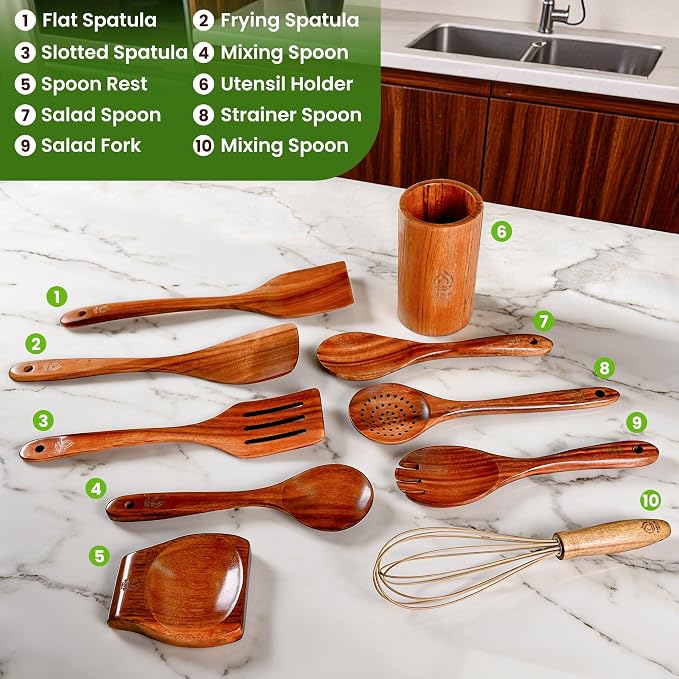 Teak Wooden Utensil Set 10 Piece, Kitchen Cooking Utensils with Holder and Hanging Hooks, Wooden Spoons and Spatulas for Cooking, Sturdy and Lightweight, Heat-Resistant Non-Stick Cookware