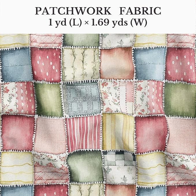 Soft Meadow Patchwork Cotton Fabric Panel, Pastel Floral & Stripe Design, 140 GSM, 61″ × 36.6″ (155 × 93 cm)