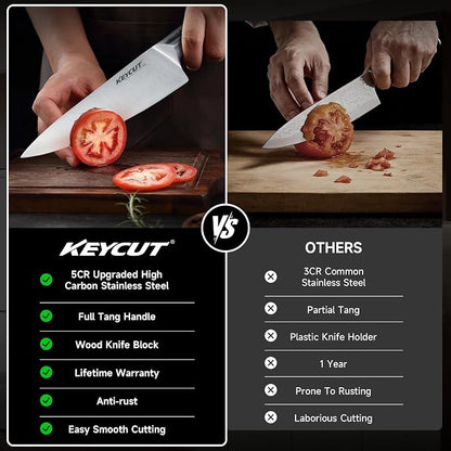 KEYCUT 13 PCS Knife Set with Block, Upgraded 5Cr15Mov High Carbon Stainless Steel Kitchen Knife Sets with Block and Sharpener, Ergonomic Full-Tang Handle, Professional Kitchen Knife Set