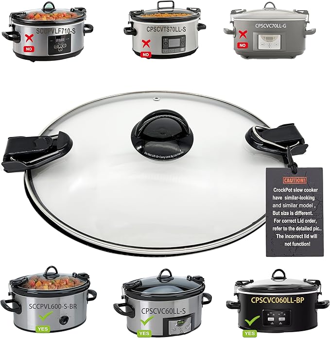 6QT Oval Glass Lid Replacement For CrockPot Slow Cooker Models SCCPVL600-S-BR CPSCV060LLBP CPSCVC60LL-S