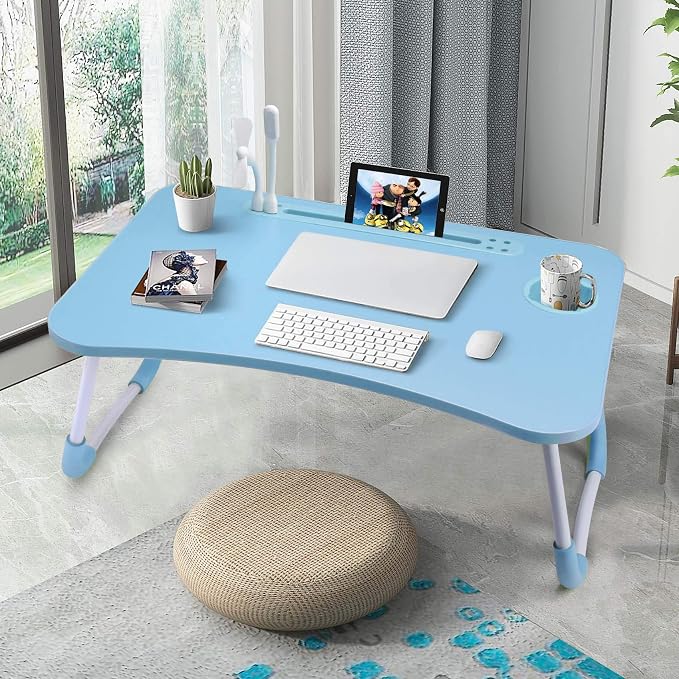 Slendor Lap Desk with Cup Holder, Foldable Laptop Table for Bed, Portable Bed Desk for Laptop and Writing, Computer Tray with Tablet Slot, Notebook Stand Reading Holder for Couch Sofa Floor,Blue