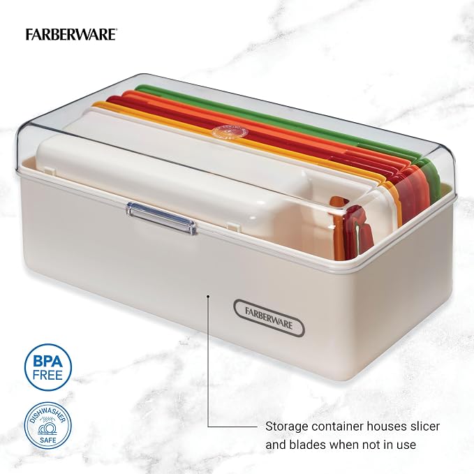 Farberware Mandoline Vegetable Slicer with 4 Blades and Container, BPA‑Free, Dishwasher Safe, Multicolored