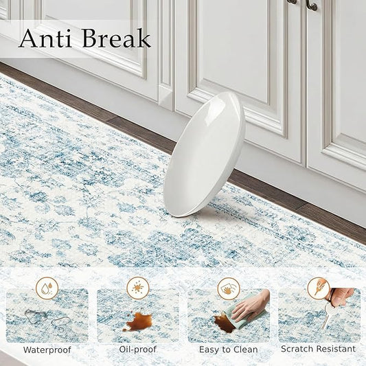 Anti Fatigue Kitchen Mats 2PCS Blue Neutral Mats for Cushioned Vintage Kitchen Matss for Floor Non-Slip Waterproof Comfort Standing Rug for Sink Laundry Office 17.3"×47"+17.3"×30"