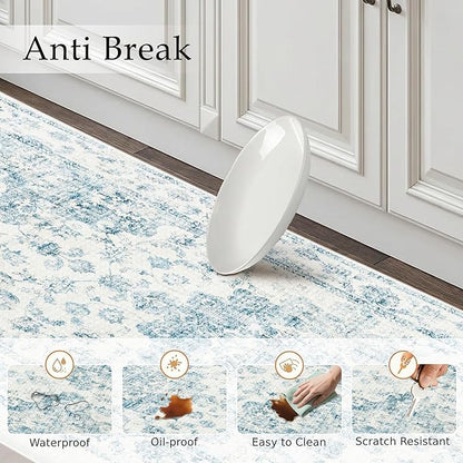 Anti Fatigue Kitchen Mats 2PCS Blue Neutral Mats for Cushioned Vintage Kitchen Matss for Floor Non-Slip Waterproof Comfort Standing Rug for Sink Laundry Office 17.3"×47"+17.3"×30"
