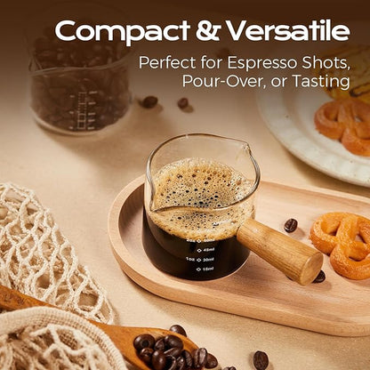 YARRAMATE 2.5 oz/75ML Espresso Shots Cup with Wooden Handle, Clear Glass Demitasse Cup with Dual Scale Markings for Coffee Extraction (2 Pack, Double Spout)