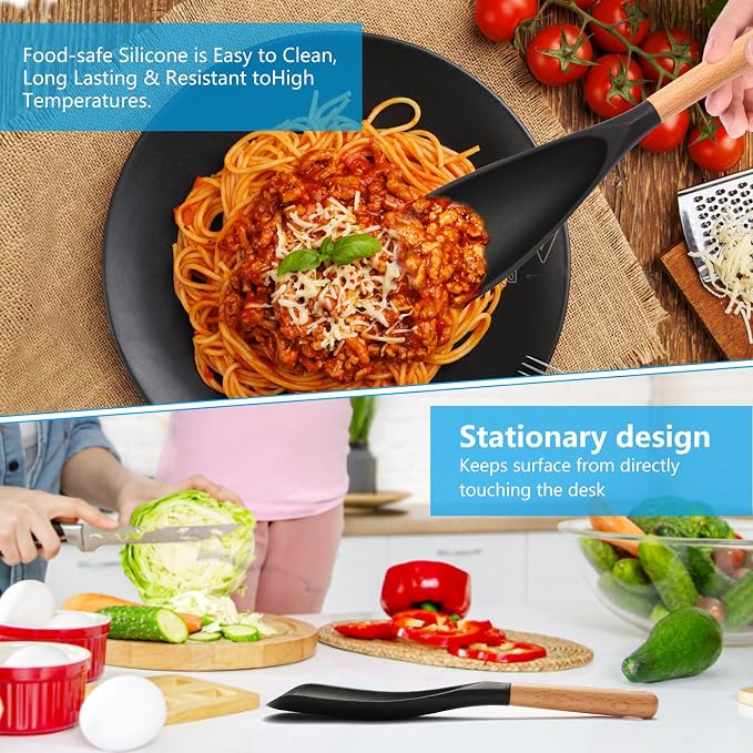 2 Pcs Wooden Handle Silicone Cooking Spoon Set for Nonstick Cookware Cooking, Baking, Stirring ，BPA-Free Heat-Resistant Spatula for Mixing, Flipping, Scraping (2 Pcs Black)