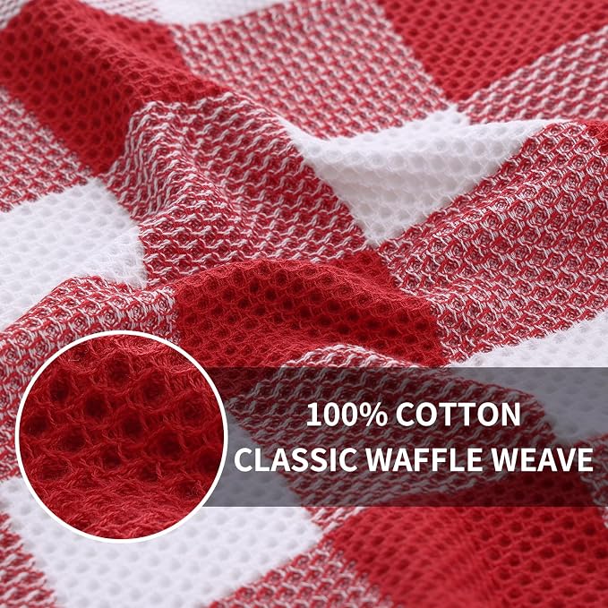 Homaxy 100% Cotton Waffle Weave Check Plaid Dish Cloths, 12 x 12 Inches, Super Soft and Absorbent Dish Towels Quick Drying Dish Rags, 6-Pack, White & Red