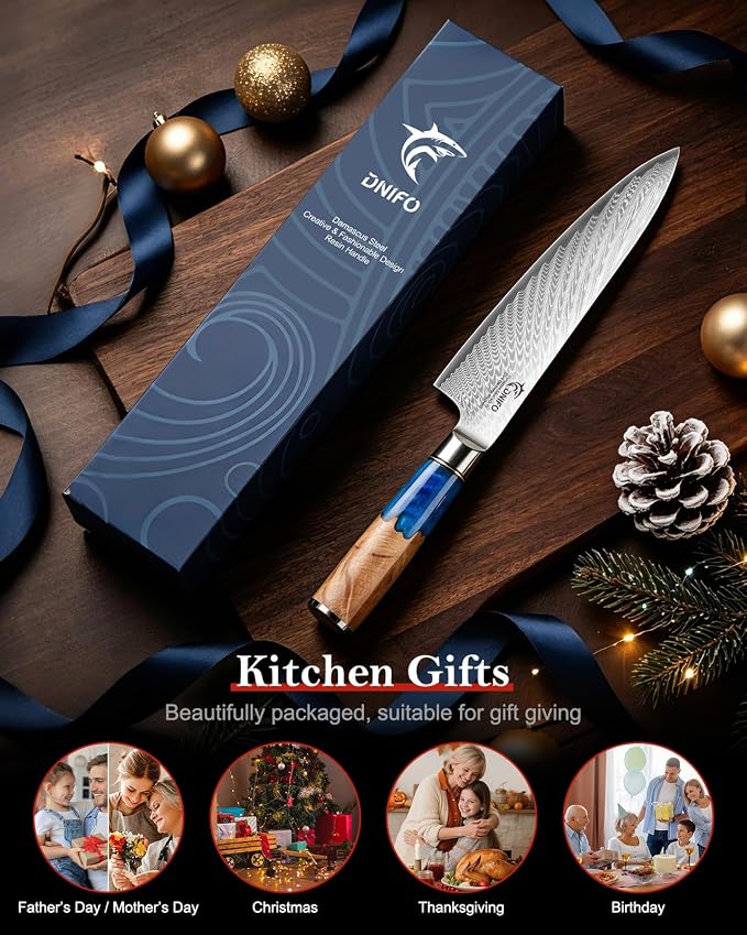 Japanese Chef Knife, 8 Inch Damascus Kitchen Knife with 67-Layer Damascus Steel & VG10 Core, Ultra Sharp Cooking Knife with Ergonomic Blue Resin Wooden Handle, Ideal Gift for Men and Women