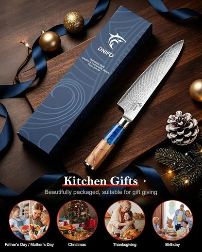 Japanese Chef Knife, 8 Inch Damascus Kitchen Knife with 67-Layer Damascus Steel & VG10 Core, Ultra Sharp Cooking Knife with Ergonomic Blue Resin Wooden Handle, Ideal Gift for Men and Women