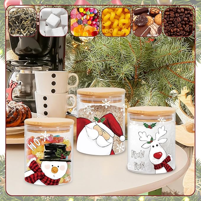 JarThenaAMCS 3Pcs Christmas Glass Storage Jars with Airtight Lid Santa Snowman Reindeer Decorative Canisters Sets for Winter Xmas Home Kitchen Countertop