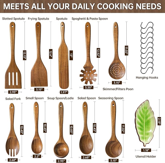 Wooden Utensil Set 11 Pcs - Natural Non-Toxic Acacia Wooden Spoons for Cooking, Nonstick, Sturdy, Easy to Clean, Wood Kitchen Utensils Set with Ceramic Spoon Rest & 10 Hooks, Ideal for Gifting