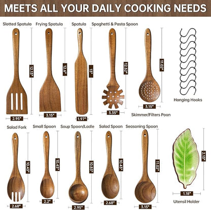 Wooden Utensil Set 11 Pcs - Natural Non-Toxic Acacia Wooden Spoons for Cooking, Nonstick, Sturdy, Easy to Clean, Wood Kitchen Utensils Set with Ceramic Spoon Rest & 10 Hooks, Ideal for Gifting