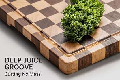 THETCHRY Cutting Boards for Kitchen, Checkered Cutting Board End Grain, Acacia Wooden Chopping Board with Juice Groove & Handle, Serving Tray for Meat, Bread & Fruit, 14"L x 11"W x 0.8"Th