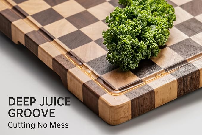 THETCHRY Cutting Boards for Kitchen, Checkered Wood Cutting Board, Walnut Chopping Board with Juice Grooves & Handles, Butcher Block Serving Tray with Gift Box 16.5" x 11.6" x 0.8"