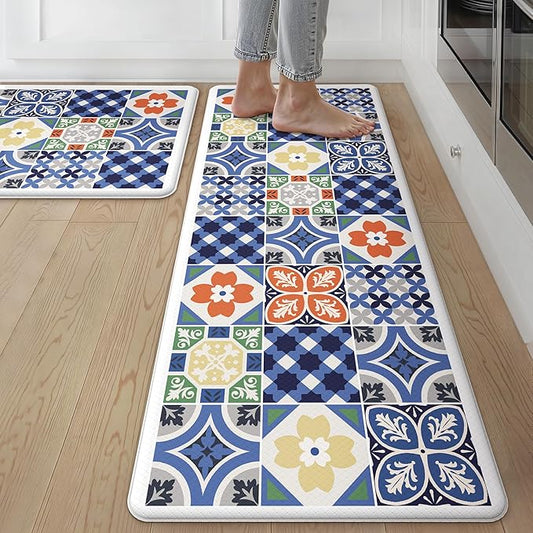 GENIMO Anti Fatigue Kitchen Mats for Floor, Cushioned Non Slip Kitchen Rug, Waterproof Kitchen Floor Mat Runner, Kitchen Mat for Laundry, Sink, Office, Entryway, 17.3"x59"+17.3"x30", Blue