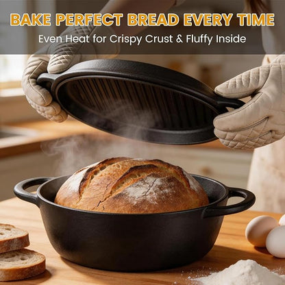 Cast Iron Dutch Oven With Skillet Lid - JINCHUFURI, 2-in-1 Pre-Seasoned Heavy Duty Cookware Set for Bread Baking, Frying, Camping, BBQ, Oven, Grill & Stovetop, 3.5QT