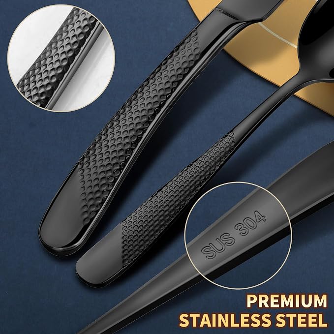 Lemeya 20-Piece Hammered Black Silverware Set for 4,18/10 Stainless Steel Flatware Set with Serrated Forged Knives,Heavy Duty Cutlery Set for Home & Party Restaurant,Mirror Polished, Dishwasher Safe