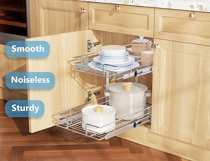 LOVMOR Individual Pull Out Cabinet Organizer, 2 Tier Slide Out Cabinet Drawers, Pots and Pans Organizer and Storage Pantry Shelf for Kitchen (11½" W x 21½" D)