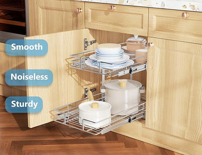 LOVMOR Individual Pull Out Cabinet Organizer, 2 Tier Slide Out Cabinet Drawers, Pots and Pans Organizer and Storage Pantry Shelf for Kitchen (11½" W x 21½" D)