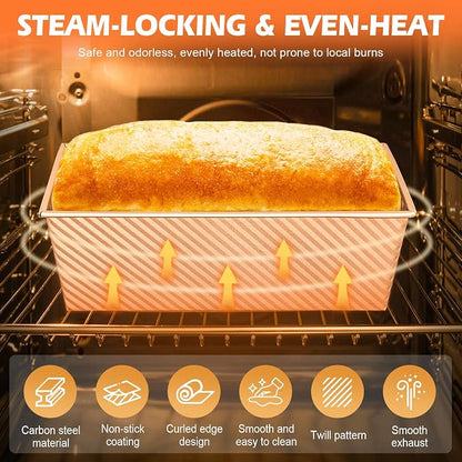 Pullman Loaf Pan with Lid + Non-Stick Meatloaf Pan with Draining Insert, Carbon Steel Bakeware with Scraper & Brush, 2LB Baking Pans for Homemade Bread & Meatloaf