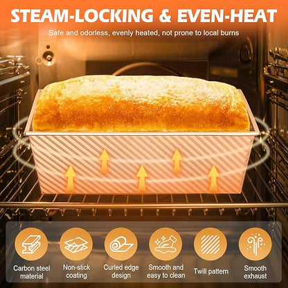 2Pack Bread Loaf Pan with Lids 1 LB Dough Capacity, Non-Stick Carbon Steel Pullman Loaf Pan for Homemade Sandwich and Sourdough Bread, Corrugated Toast Mold Gold