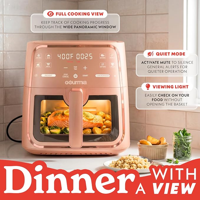 Gourmia 8 Qt Air Fryer, 8 Presets with Digital Display, FryForce 360° Technology, Easy View Window & Interior Light, Dishwasher Safe Basket, Peach