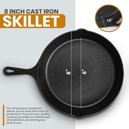 Utopia Kitchen Saute Frying Pan 8 Inch, Cast Iron Chefs Pan, Pre Seasoned Cast iron Skillet With Lid, Safe Grill Cookware for Indoor & Outdoor Use, Black