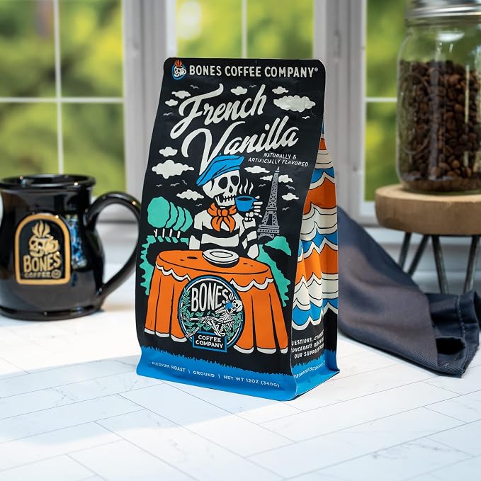 Bones Coffee Company French Vanilla, Creamy Vanilla Flavored Coffee, Medium Roast Low Acid Arabica Beans Compatible with Auto drip and French Press Coffee Maker, 12 Oz Whole Bean